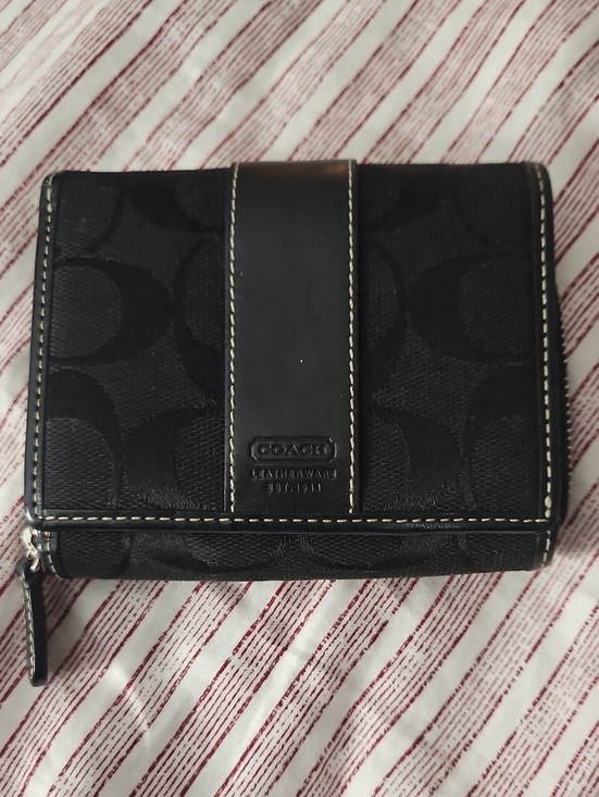 Coach Handbags - Coach Black Signature Canvas Tri Fold Wallet with Leather Trim